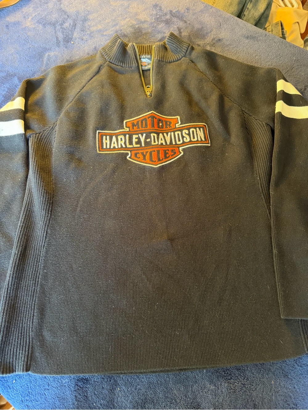 Harley-Davidson Black Zip-Neck Sweater with Orange Logo and White Sleeve Stripes